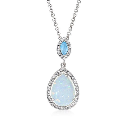 Charles Garnier Opal and .20 Carat Swiss Blue Topaz Pendant Necklace with .30 ct. t.w. CZs in Sterling Silver. 17