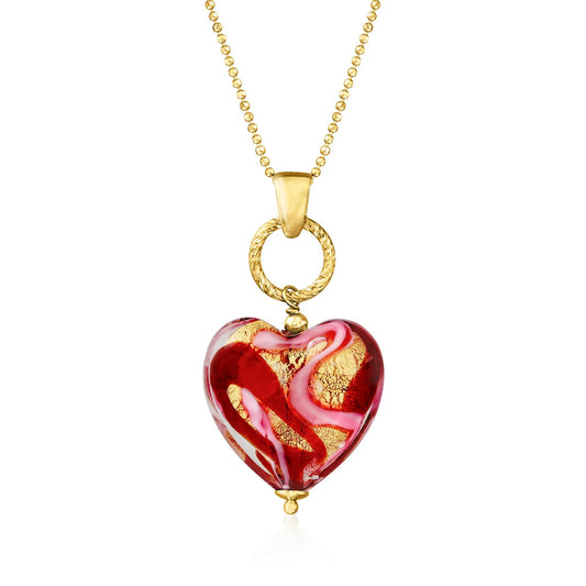 Italian Red and Pink Murano Glass Heart Pendant Necklace in 18kt Gold Over Sterling. 18"
