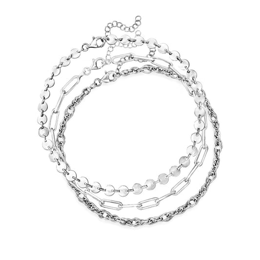 Sterling Silver Jewelry Set: Three Anklets. 9"