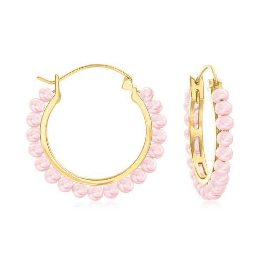 3-3.5mm Pink Cultured Pearl Hoop Earrings in 18kt Gold Over Sterling. 1 1/8"