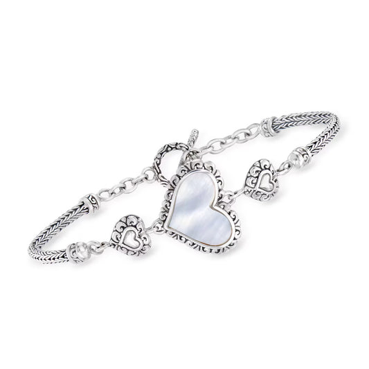 10x15mm Mother-of-Pearl Bali-Style Heart Bracelet in Sterling Silver - Fine jewelry