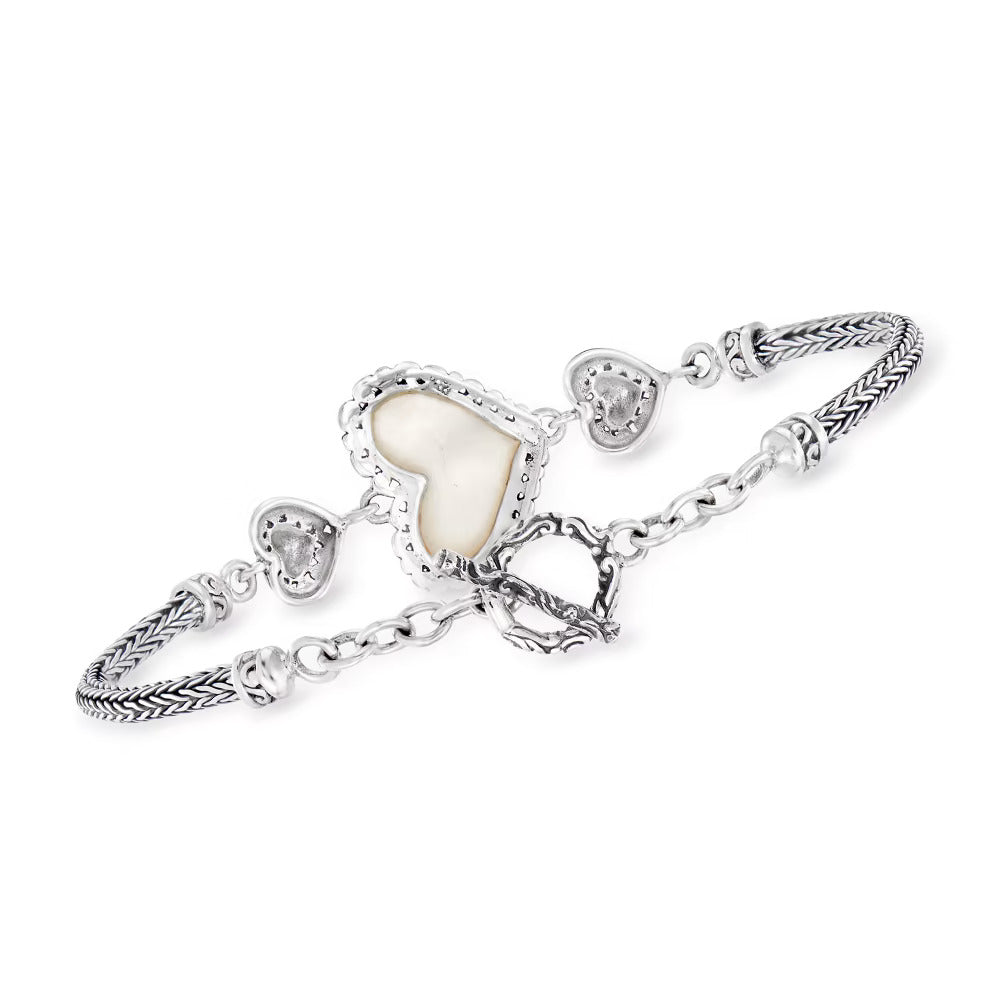 10x15mm Mother-of-Pearl Bali-Style Heart Bracelet in Sterling Silver - Fine jewelry