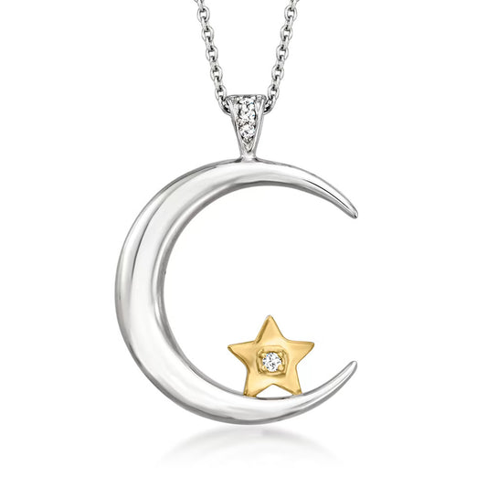 Diamond-Accented Moon and Star Pendant Necklace in Sterling Silver and 14kt Yellow Gold