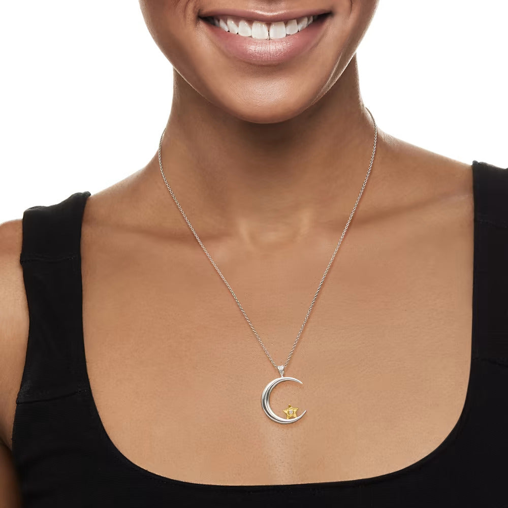 Diamond-Accented Moon and Star Pendant Necklace in Sterling Silver and 14kt Yellow Gold