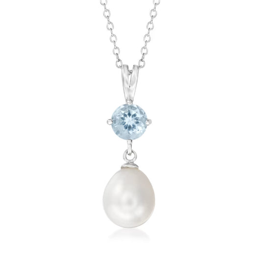 7.5-8mm Cultured Pearl and .70 Carat Aquamarine Pendant Necklace in Sterling Silver. 17"