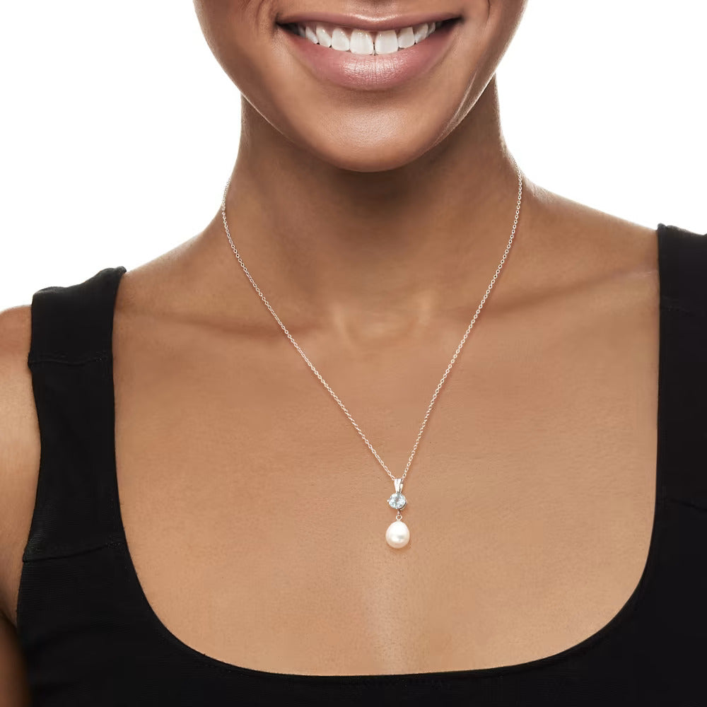 7.5-8mm Cultured Pearl and .70 Carat Aquamarine Pendant Necklace in Sterling Silver. 17"