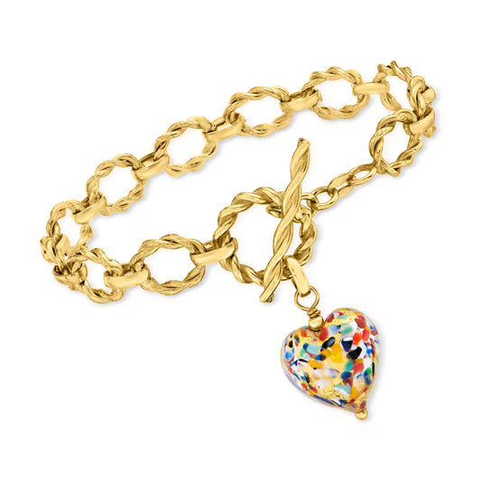 Italian Multicolored Murano Glass Heart Charm Bracelet in 18kt Gold Over Sterling