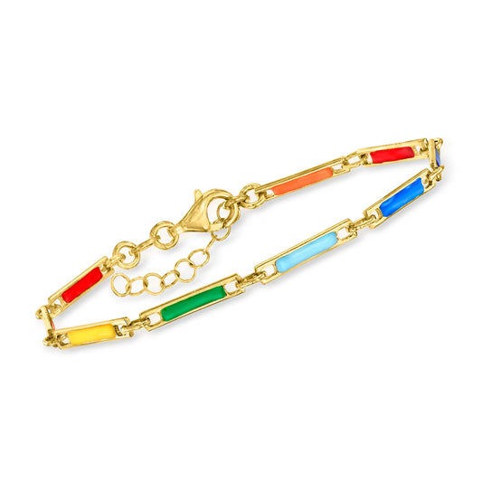 Italian Multicolored Enamel Bar-Link Bracelet in 18kt Gold Over Sterling. 7"
