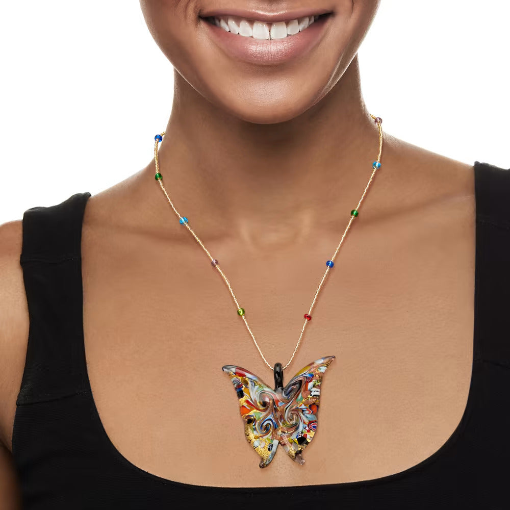 Italian Multicolored Murano Glass Butterfly Pendant Necklace with 18kt Gold Over Sterling. 18"