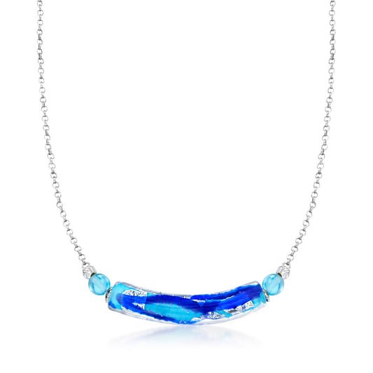 Italian Blue and White Murano Glass Bead Necklace in Sterling Silver. 18"