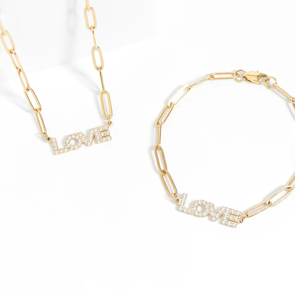 18K Gold PVD Stainless Steel Stone Love Paperclip Chain Set