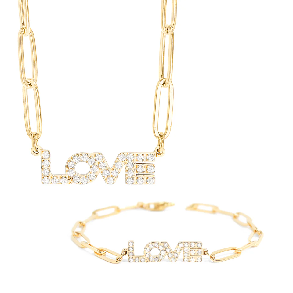 18K Gold PVD Stainless Steel Stone Love Paperclip Chain Set