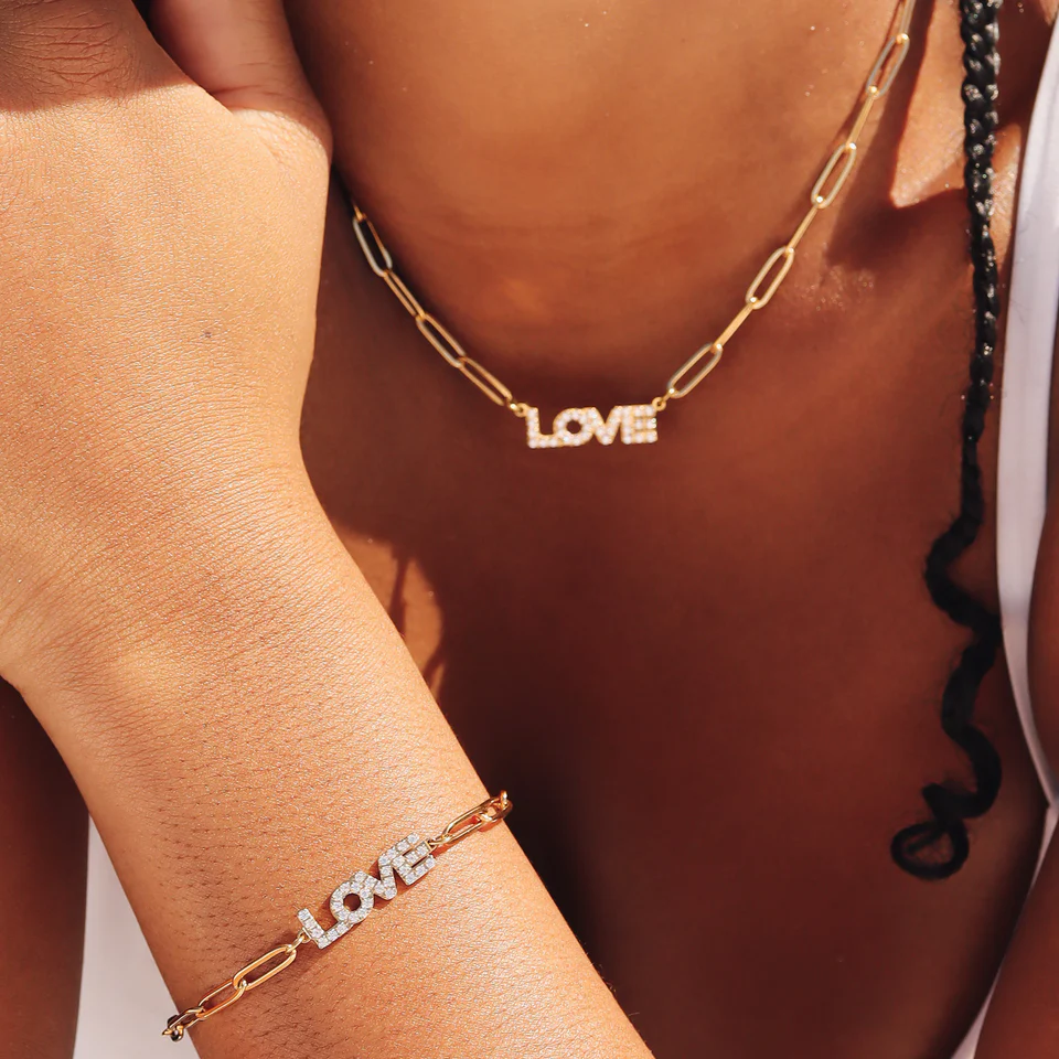 18K Gold PVD Stainless Steel Stone Love Paperclip Chain Set
